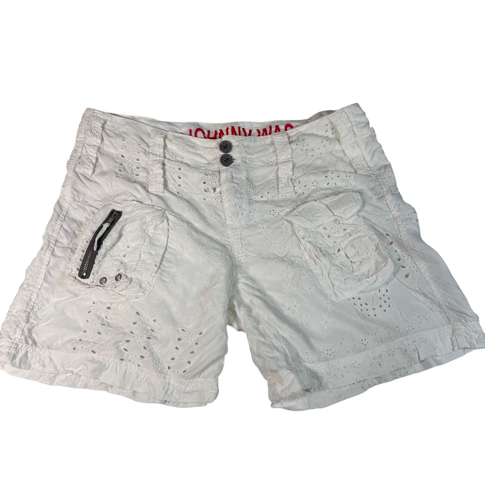 Johnny Was Eyelet Cargo Shorts Womens 6 White Cupra Rayon Boho Coastal Summer